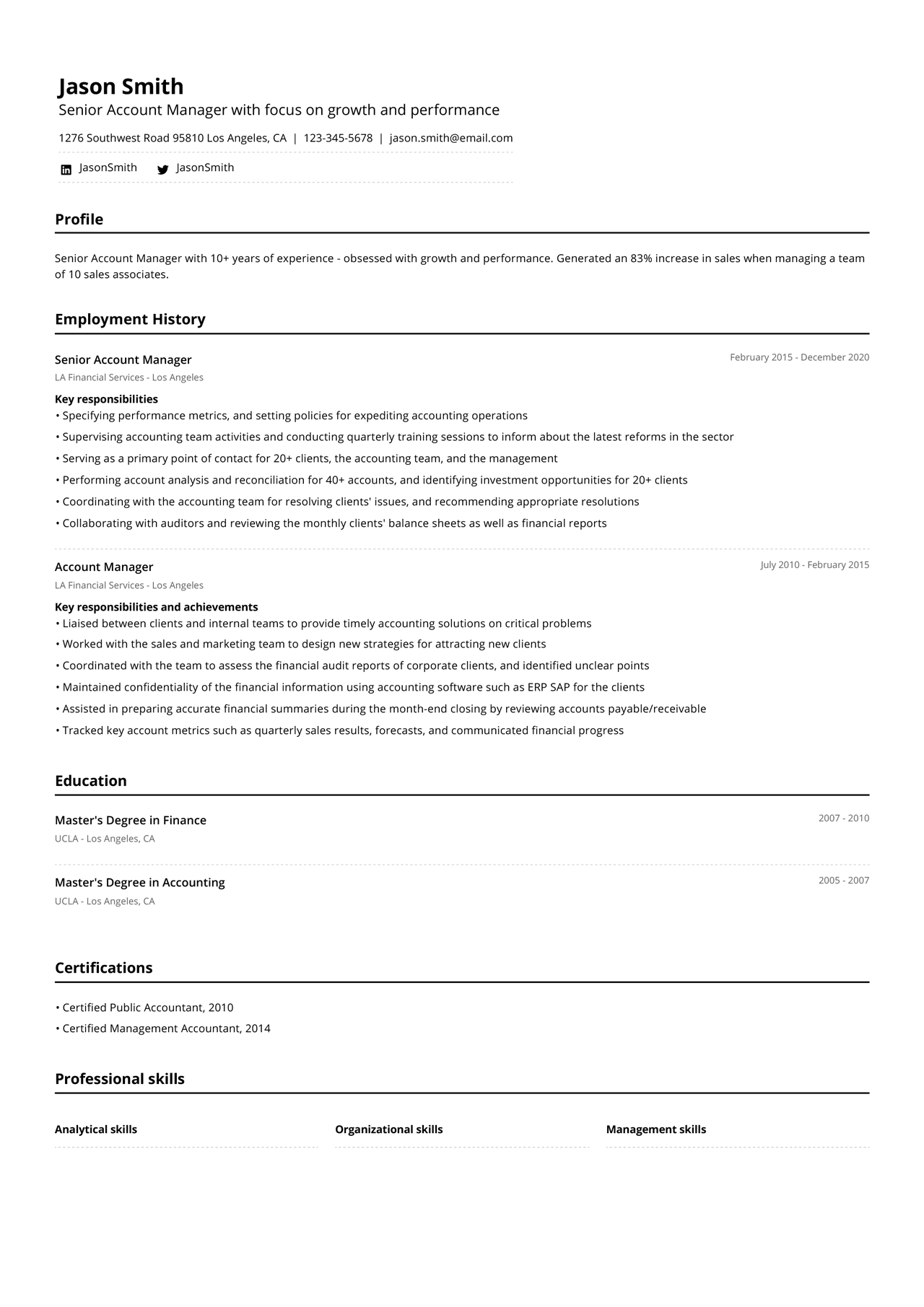 Image of a reverse-chronological resume example from a senior account manager with more than 10 years experience