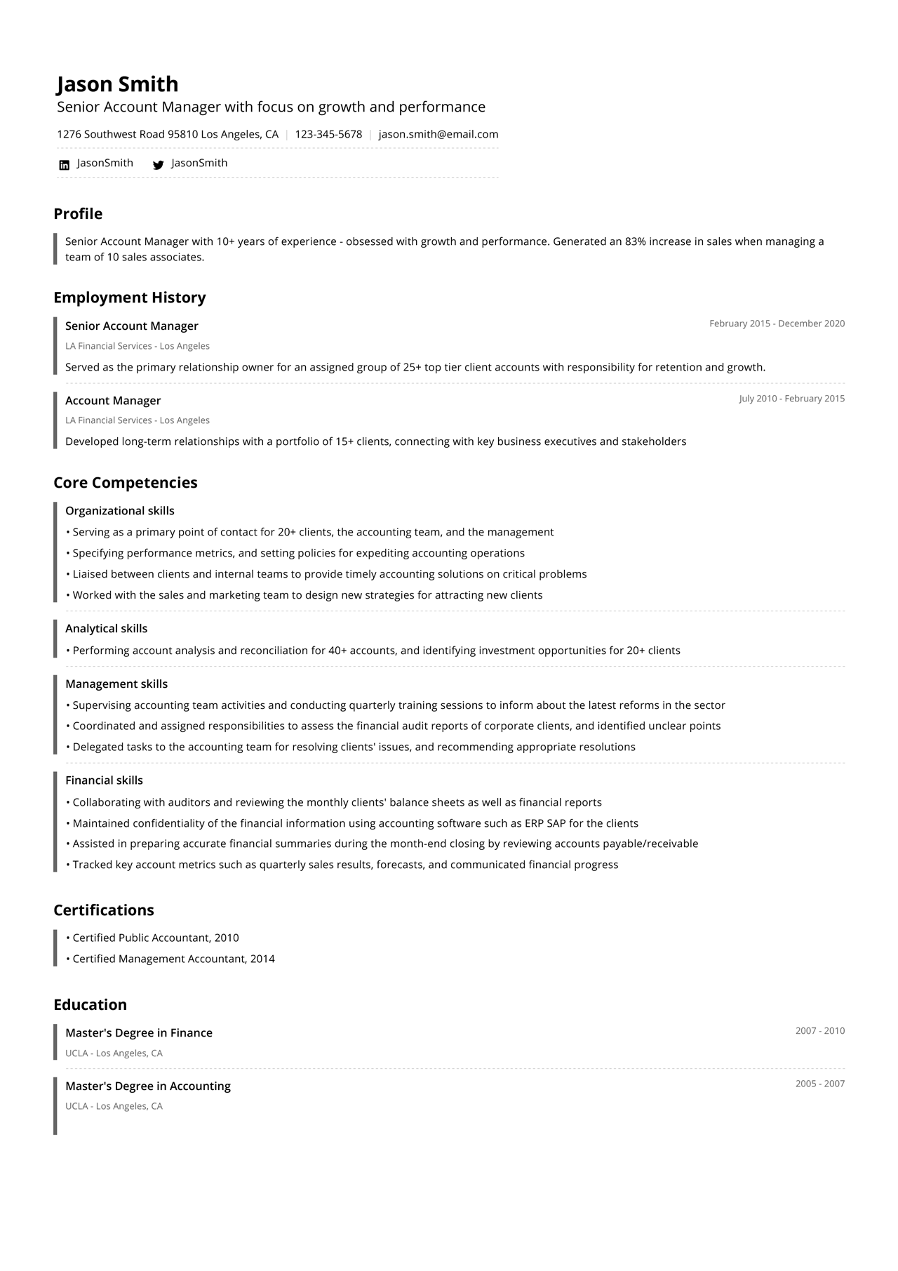 Image of a combination resume example from a senior account manager