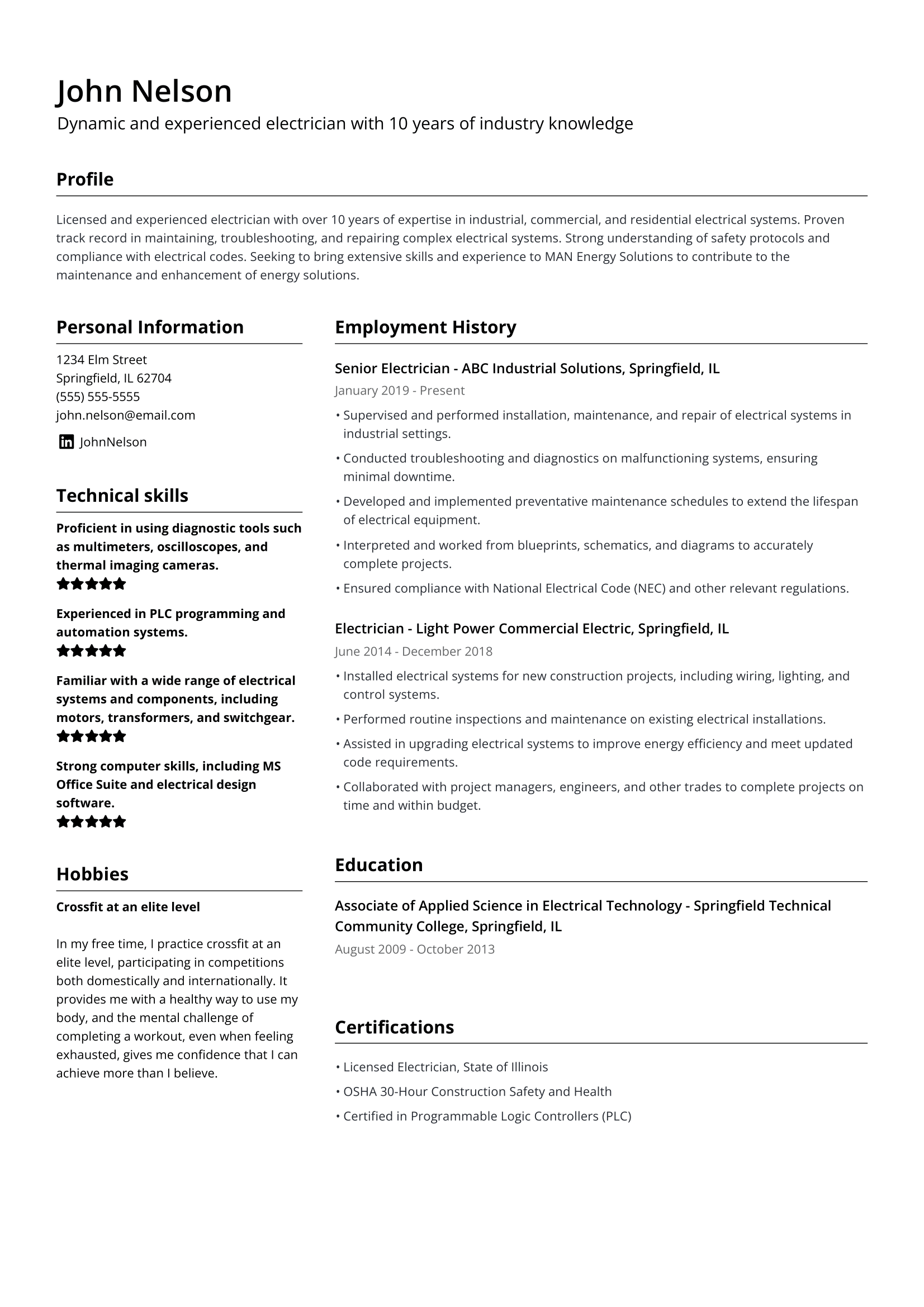 Image of a two-column resume setup example from Jofibo