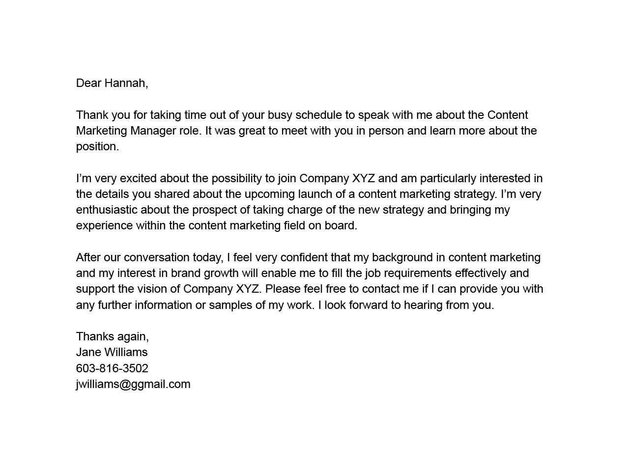 polite and informative job interview follow up email example for a content marketing manager position