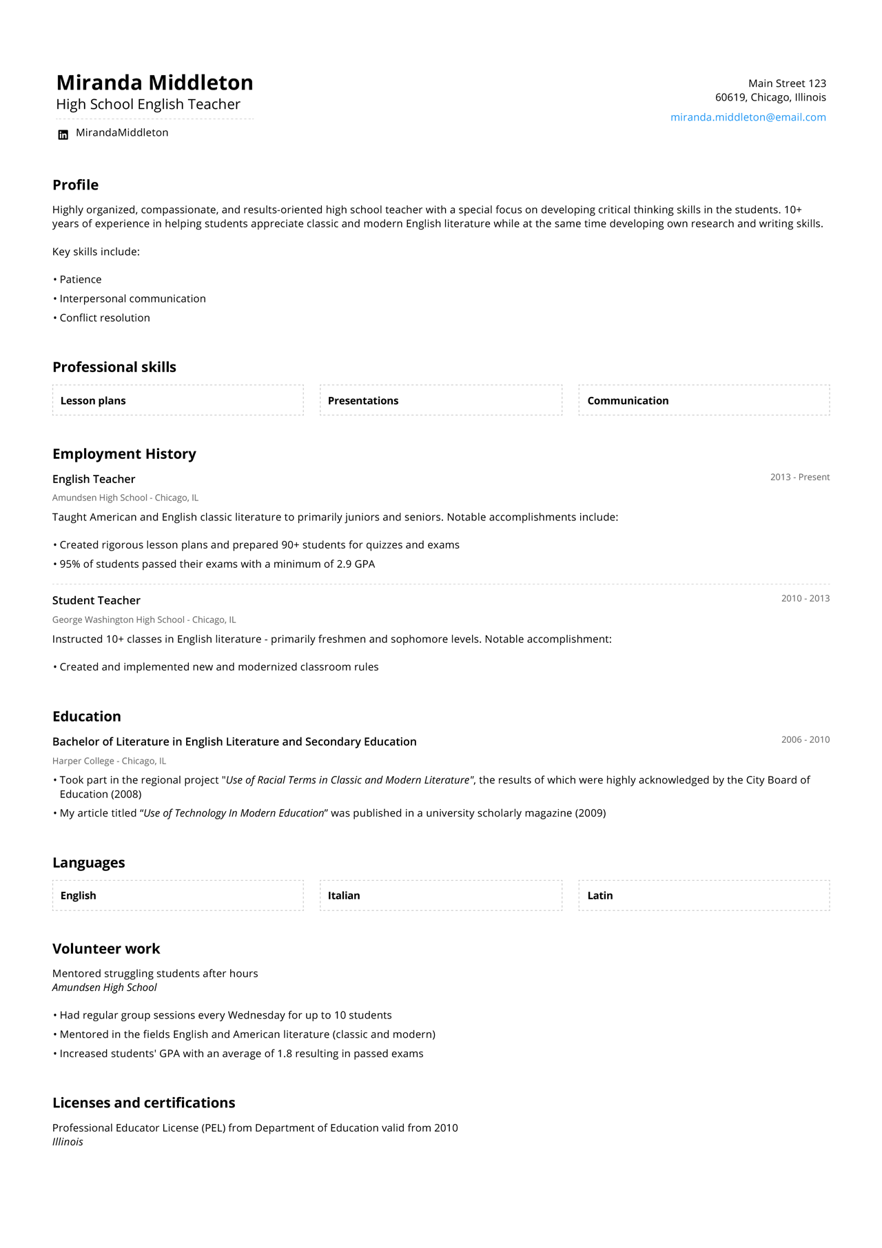 Image of a high school teacher resume with more than 10 years of experience