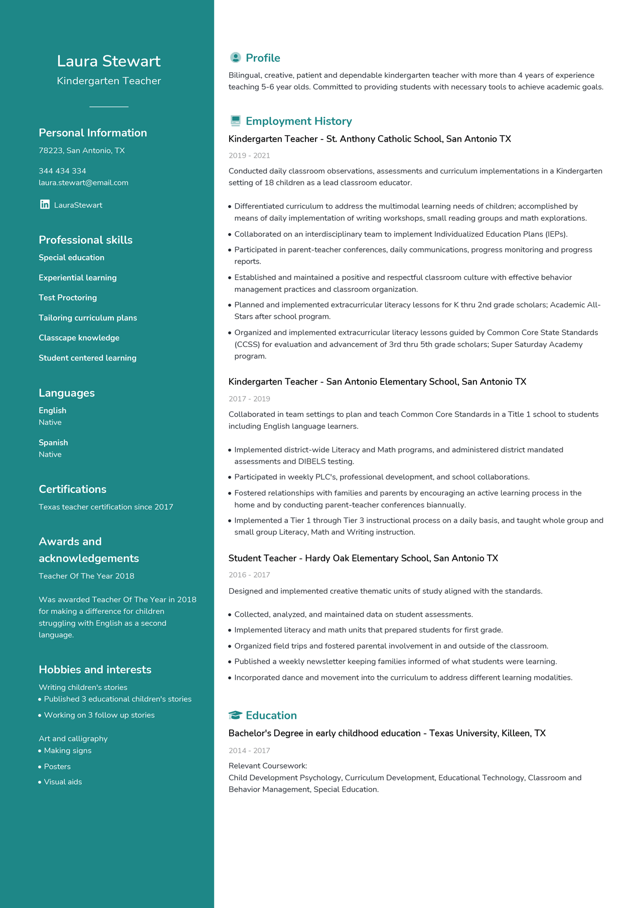 Image of a kindergarten school teacher resume with more than 4 years of experience
