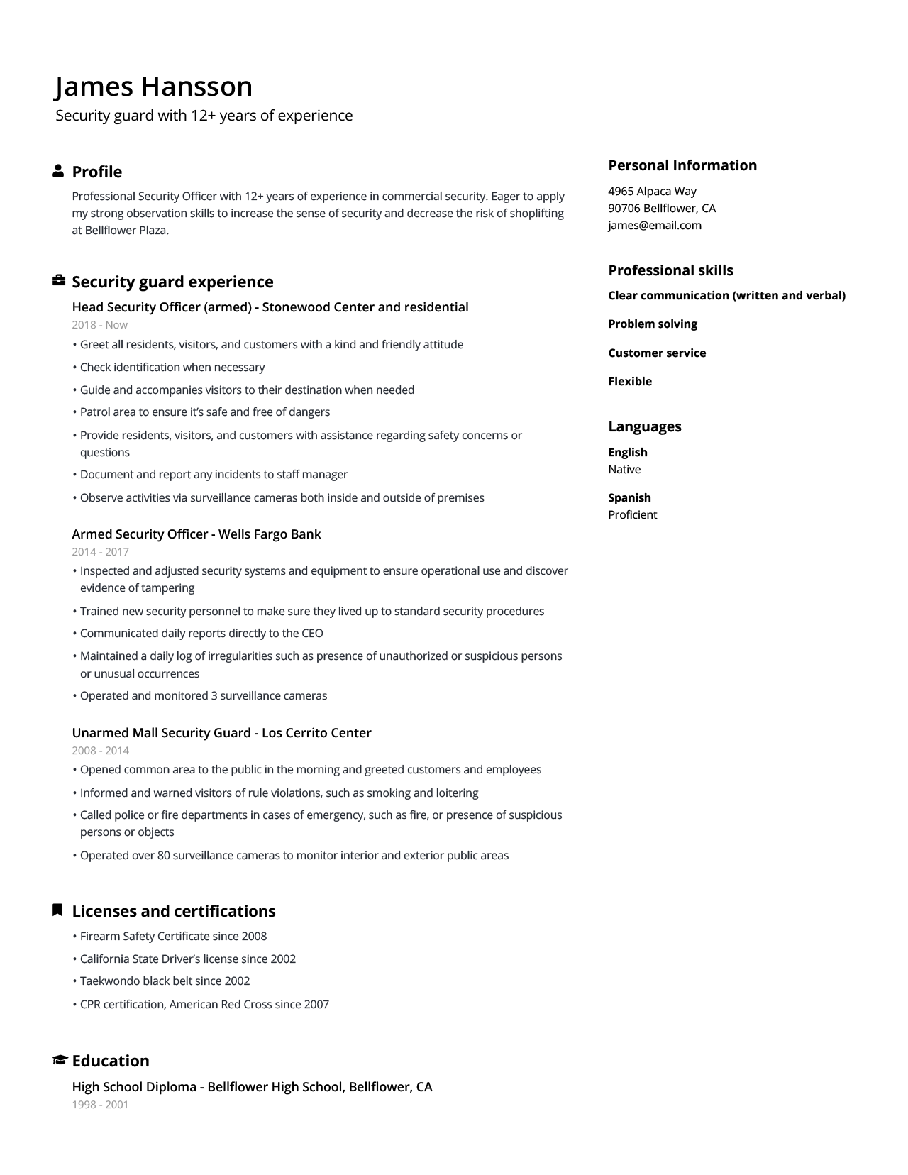resume format for security guard