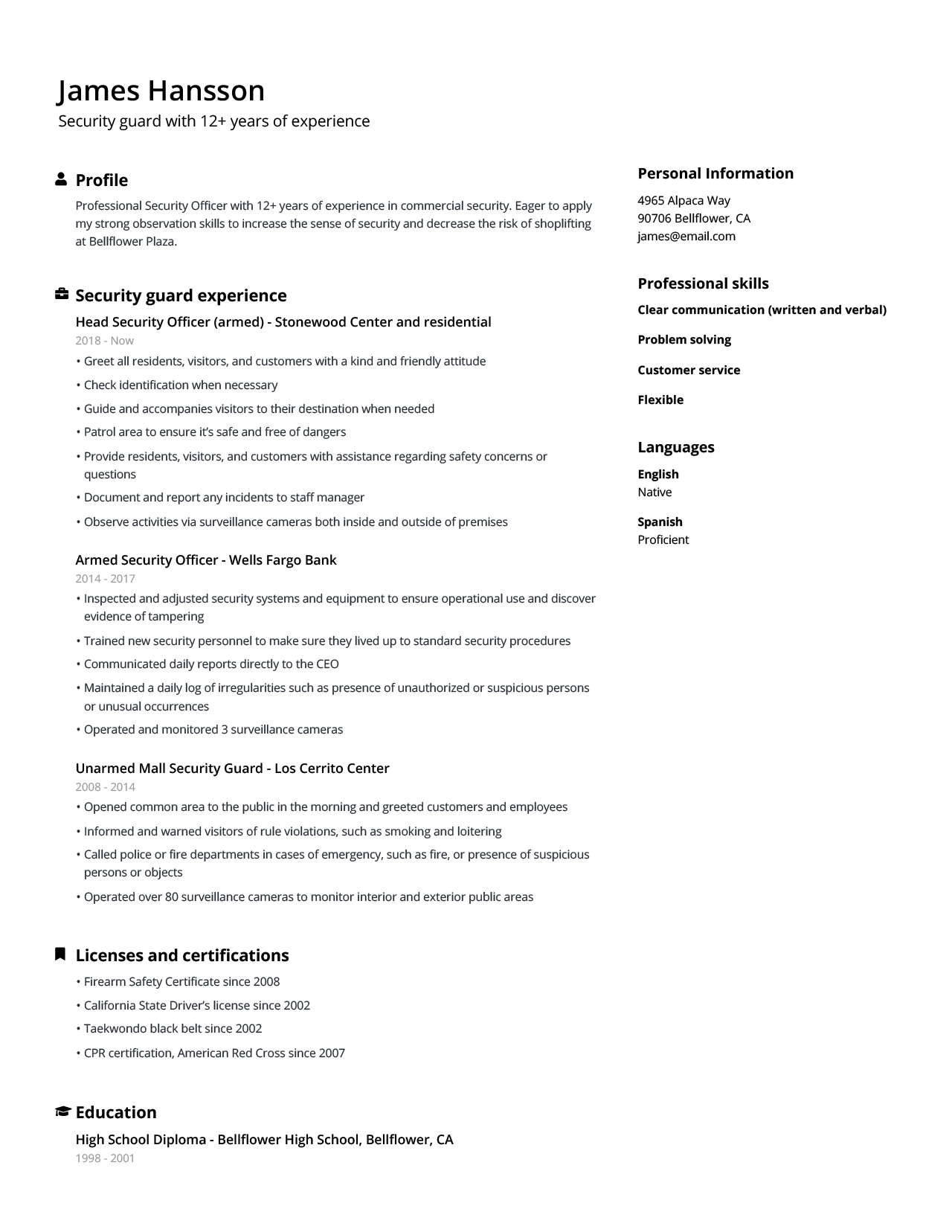 Security Guard Resume Example Guide Jofibo