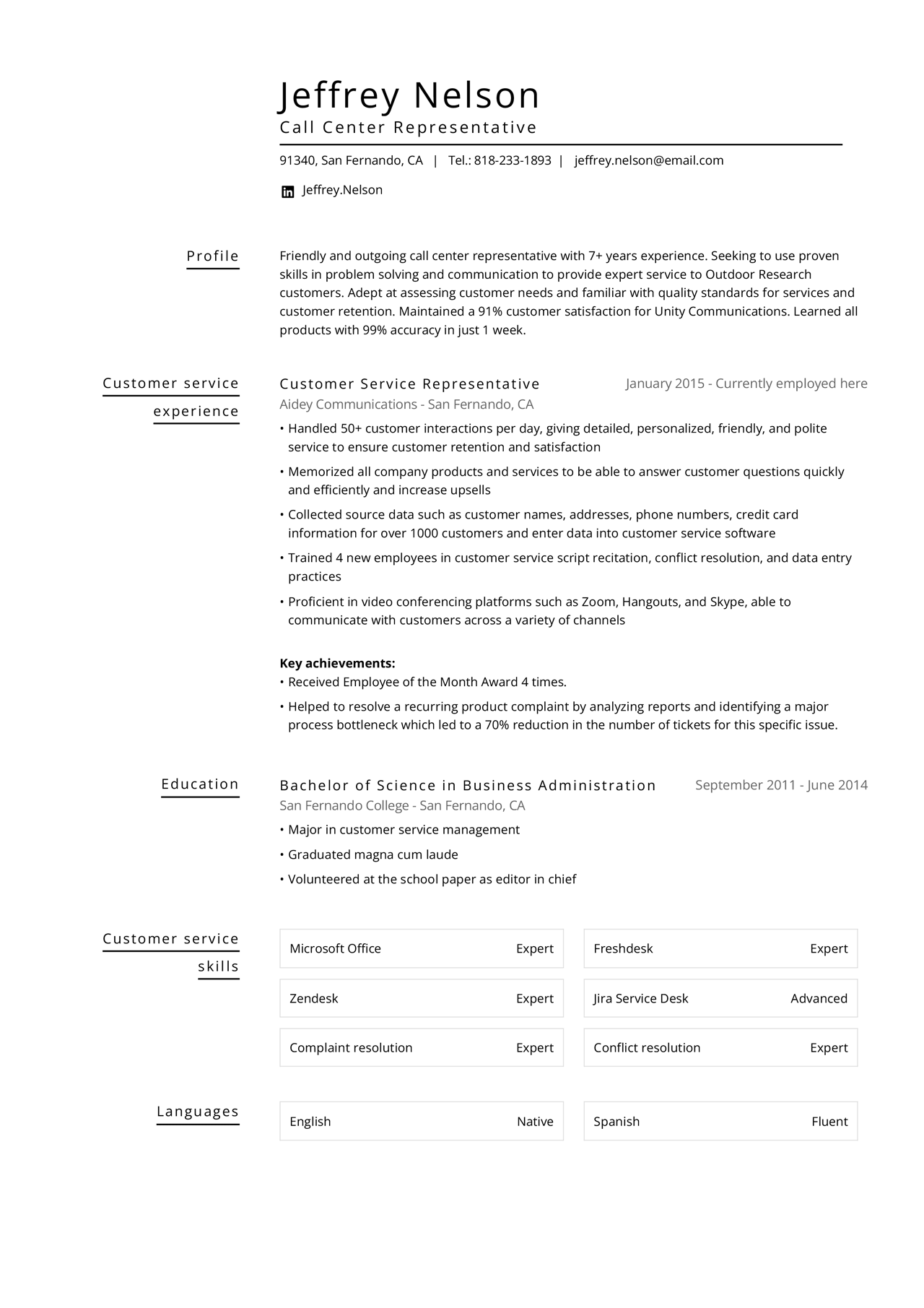 A finished call center customer service resume example
