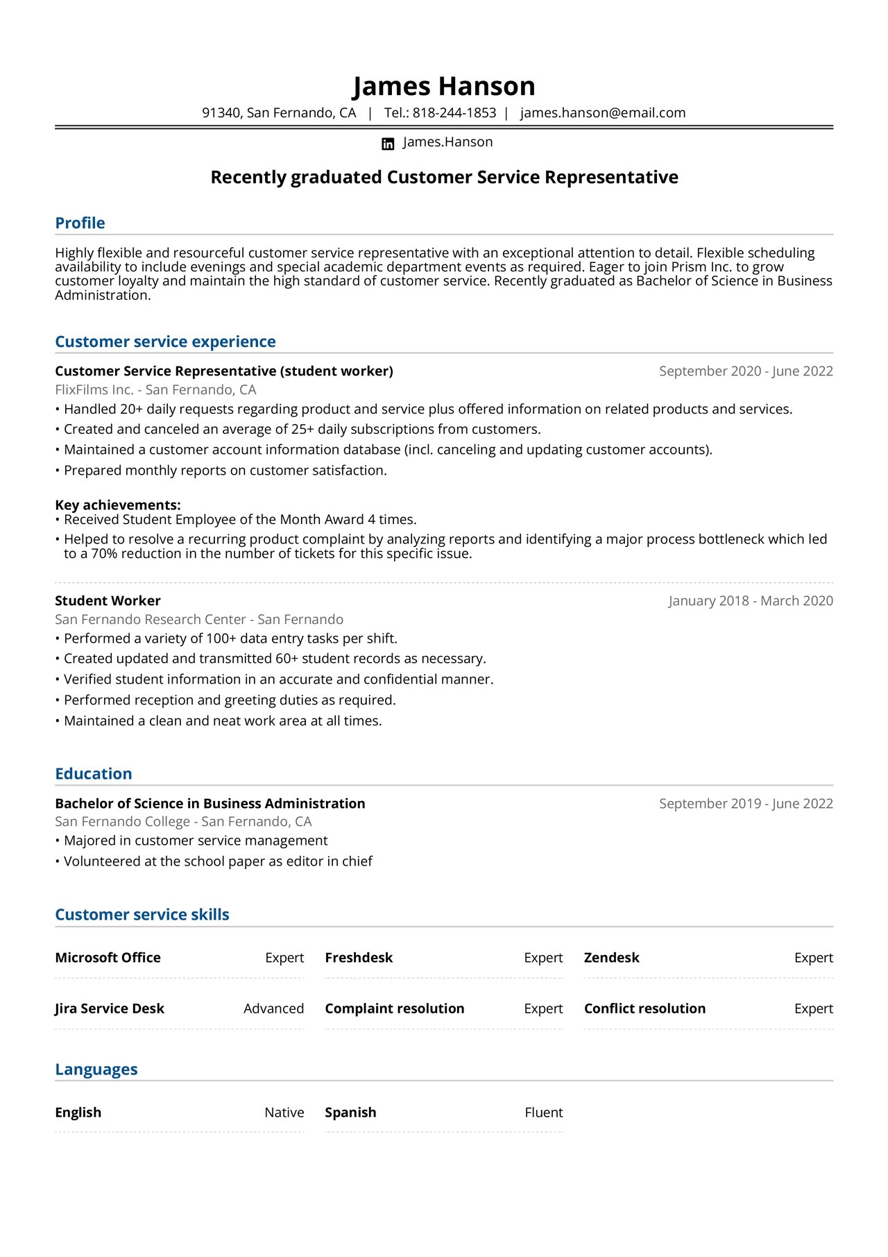 A finished entrylevel customer service resume example