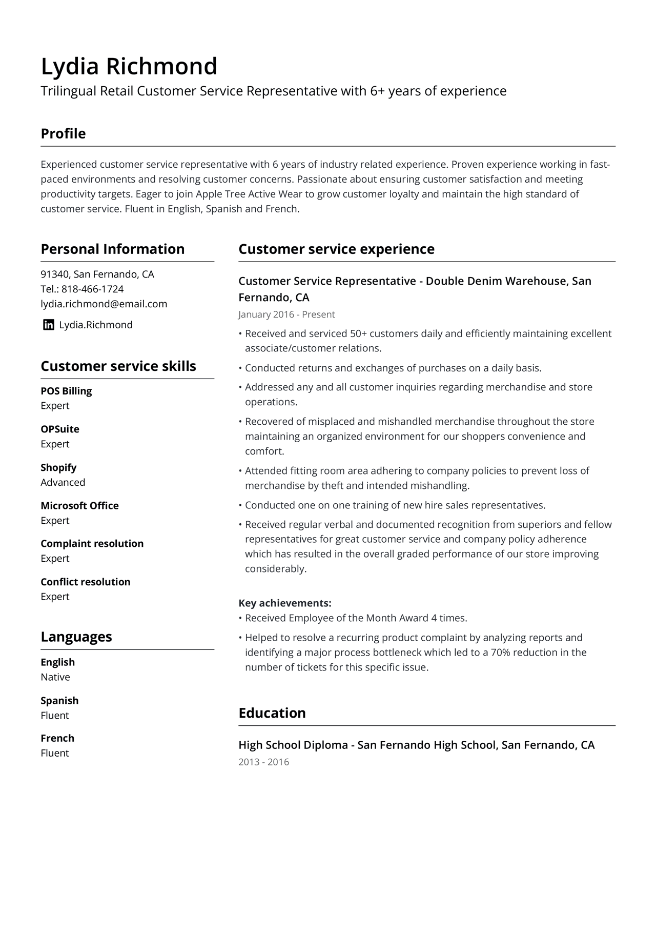 A finished retail customer service resume example