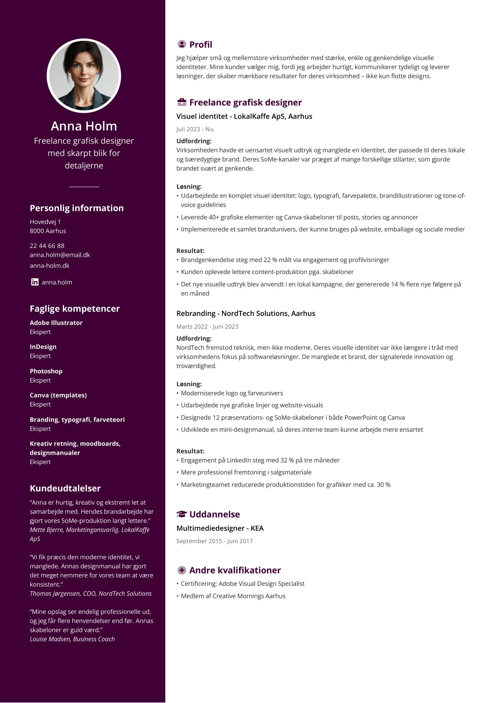 Eksempel på et freelance CV for en freelance grafiker lavet med Jofibos CV skabelon Kreativ
