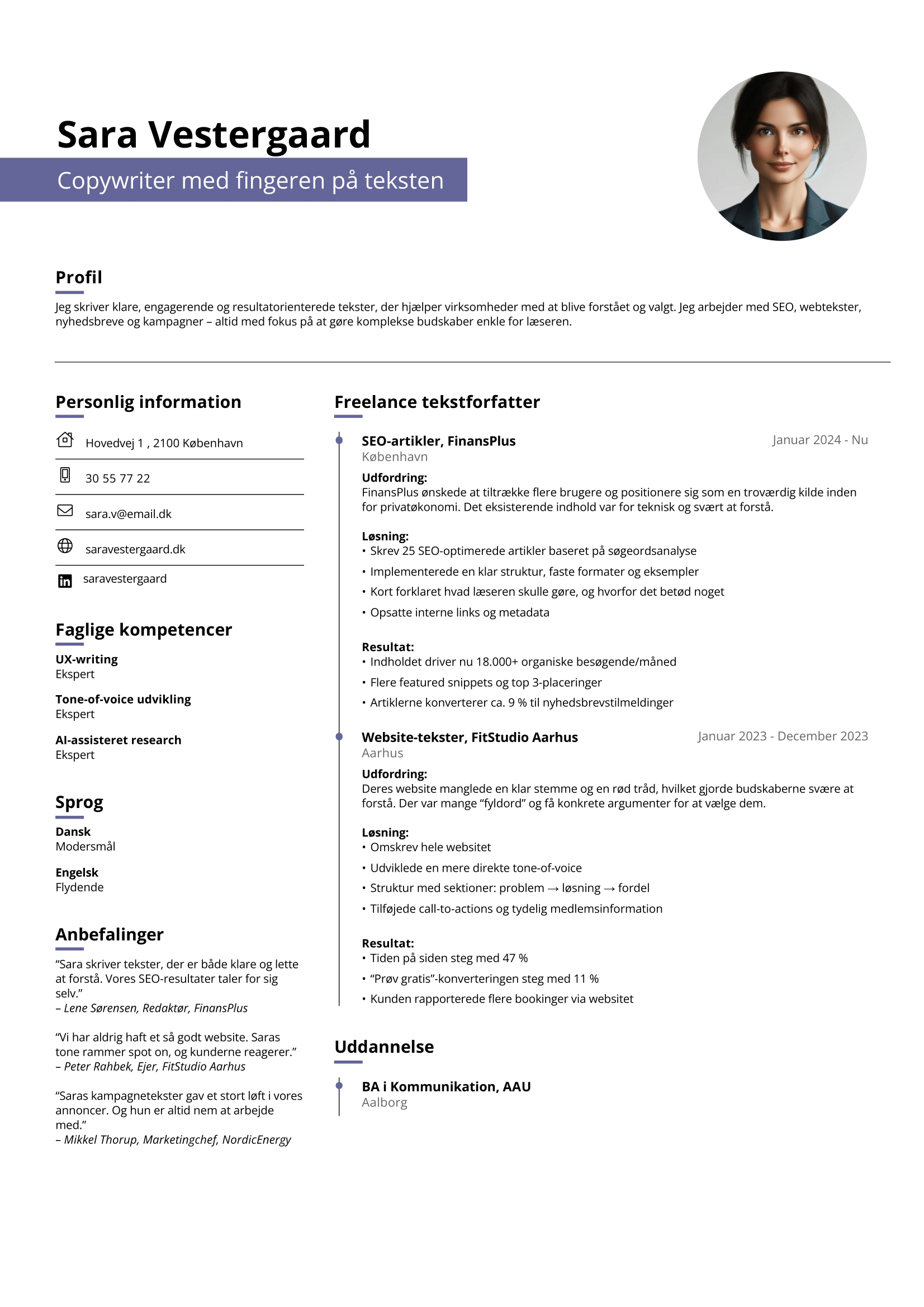 Eksempel på et færdigt freelance tekstforfatter CV lavet med Jofibos CV bygger