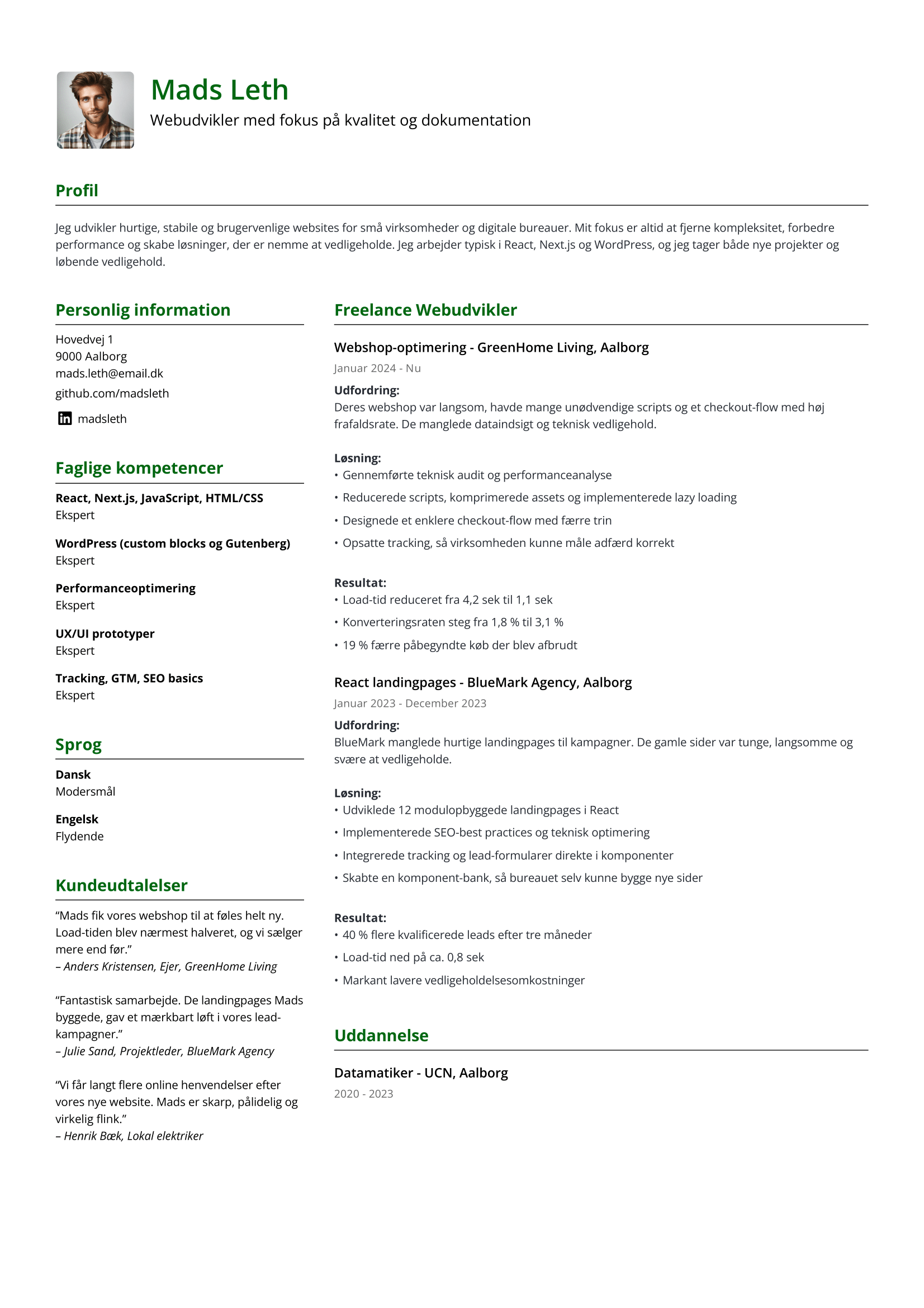 Eksempel på et færdigt freelance webudvikler CV lavet med Jofibos CV bygger