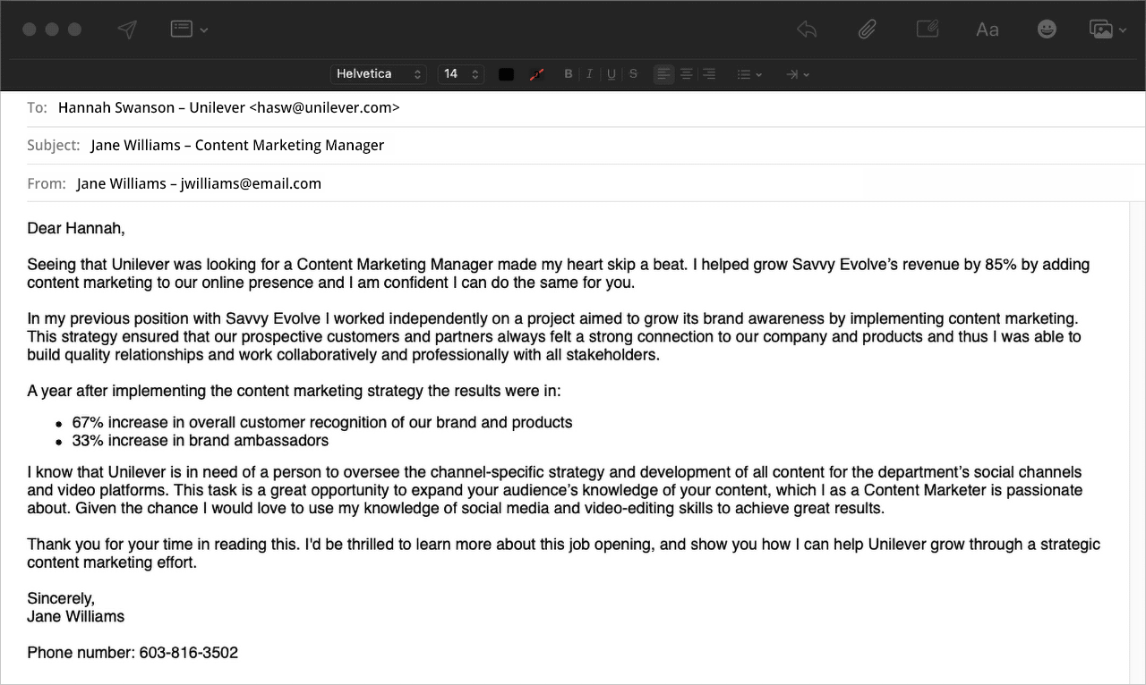 screenshot of how to format a cover letter in an email