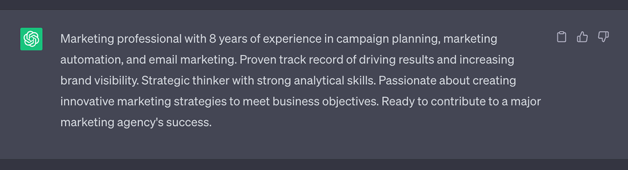 First draft of a profile text for a resume created with Chat GPT