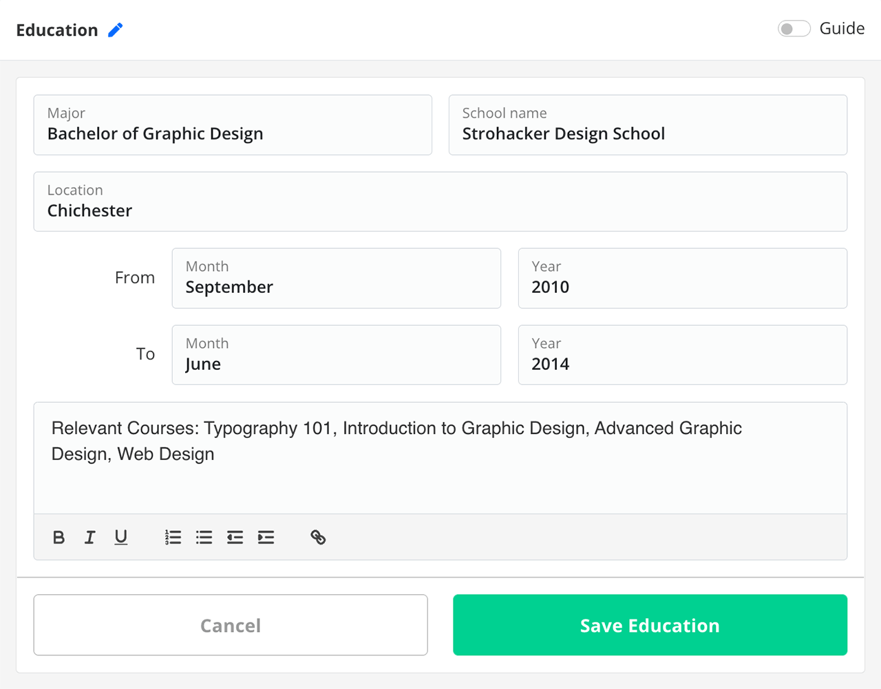 Screenshot of what the filled out education section looks like in the Jofibo CV maker