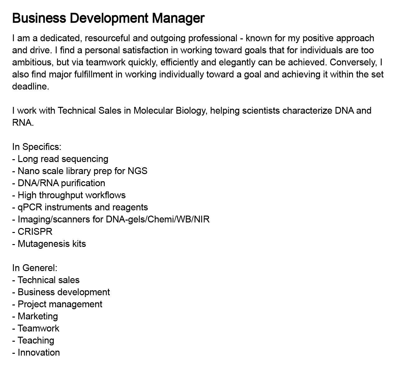 Business Development Manager LinkedIn summary example