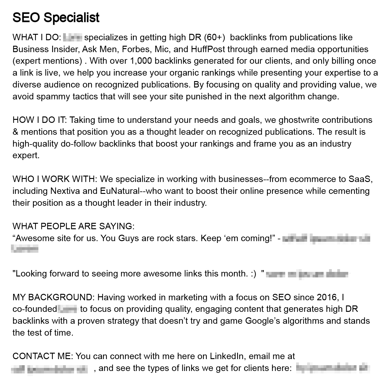 SEO Specialist LinkedIn summary example
