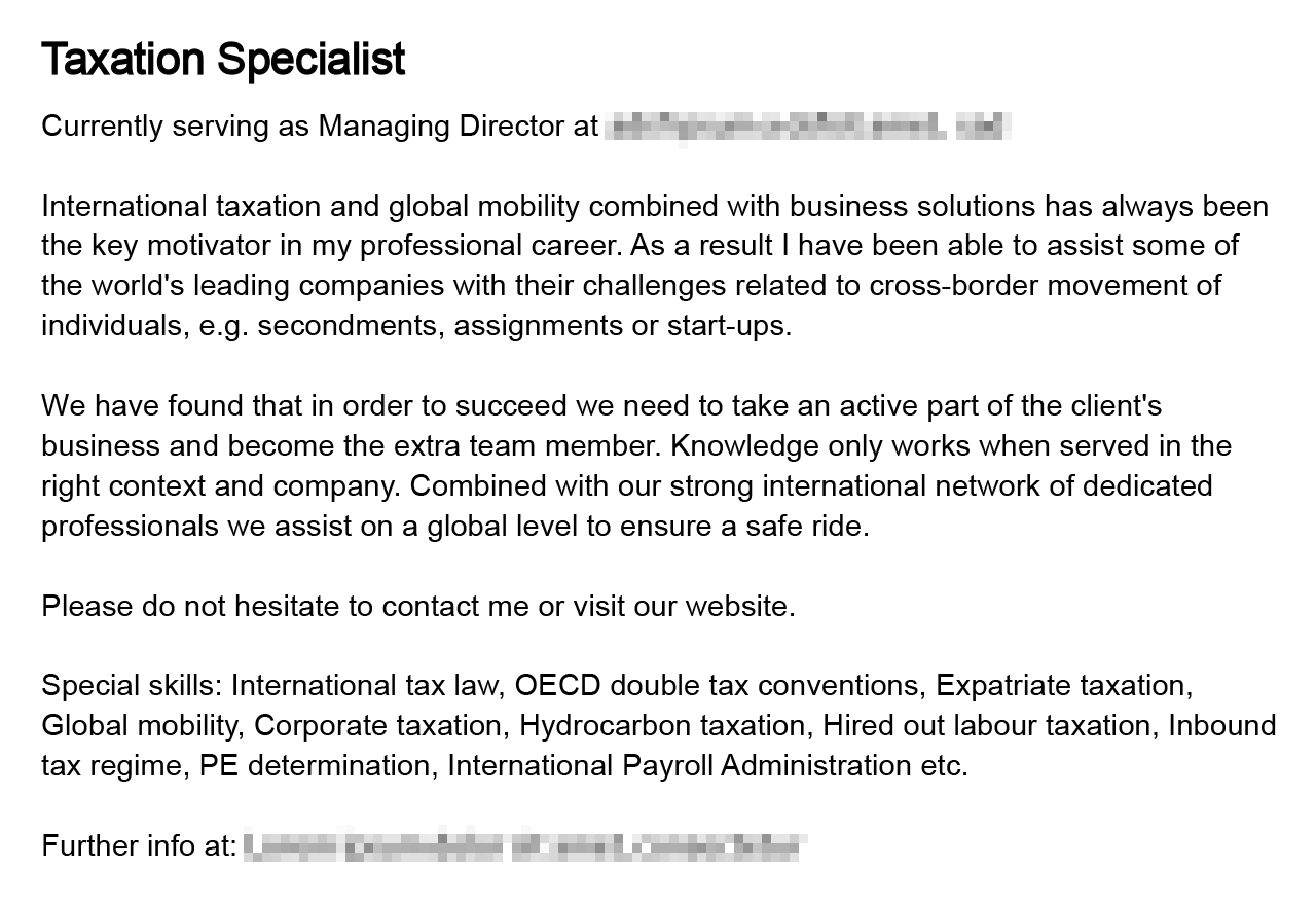 Taxation Specialist LinkedIn summary example