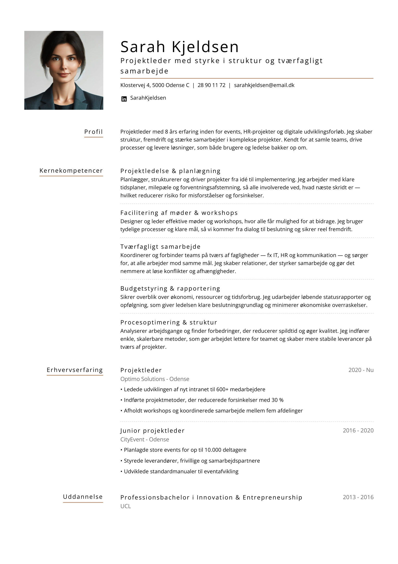 Billede af et projektleder CV eksempel lavet med det kombinerede CV format