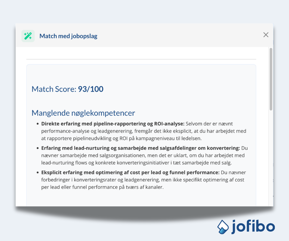 Match af et CV med et jobopslag med scoren 94% i Jofibos Match med jobopslag funktion