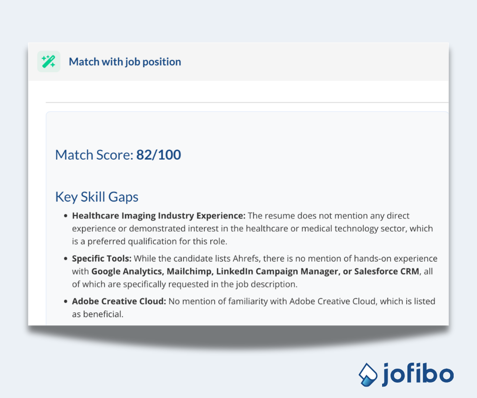 Resume matched with a job posting showing a 94% score in Jofibo’s Match with Job Posting feature