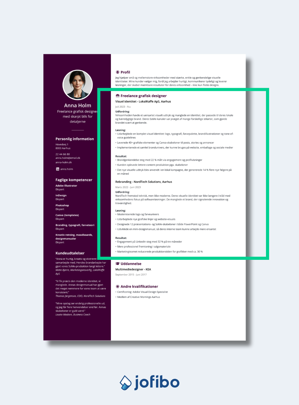 Eksempel på en færdig erhvervserfaringssektion i et Jofibo CV med et freelance CV med omvendt kronologisk CV format