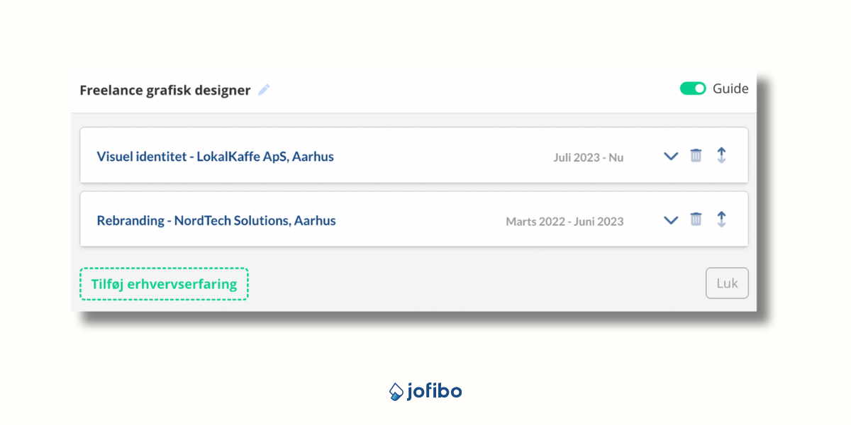 Sådan ser erhvervserfaringsmodulet ud i Jofibos CV bygger med et freelance CV med omvendt kronologisk CV format
