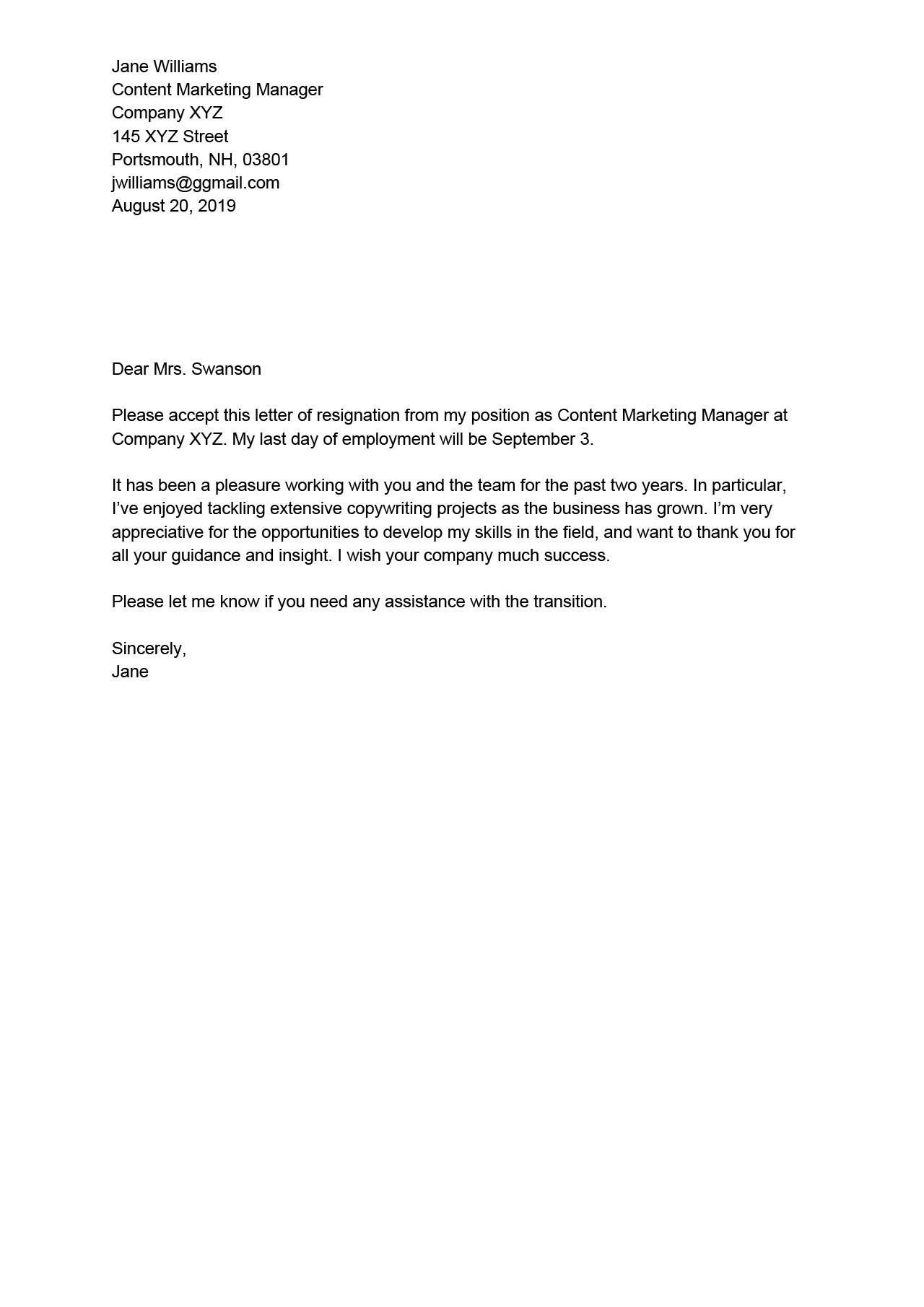 Basic Resignation Letter Template Simple Free Download