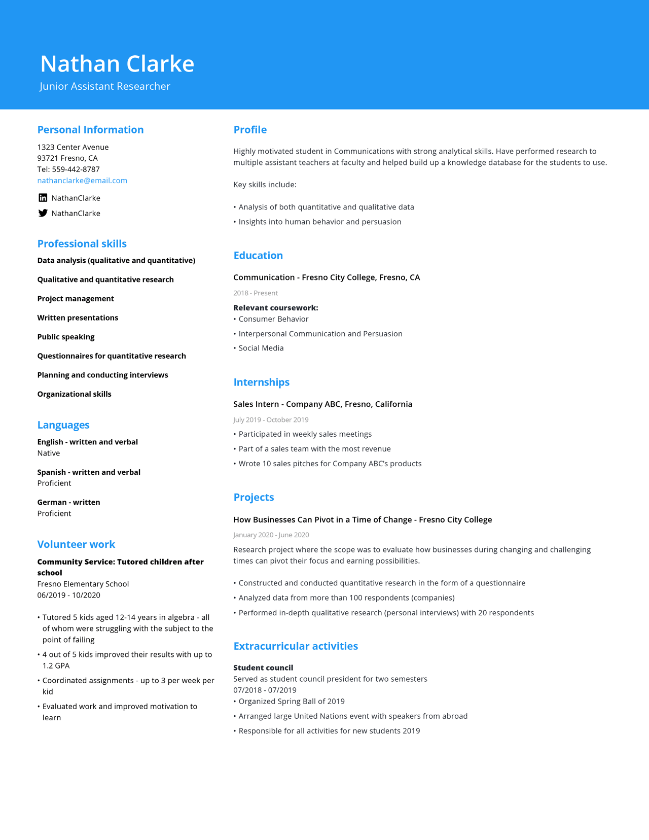 Image of a CV from a student with no work experience made with a student cv template