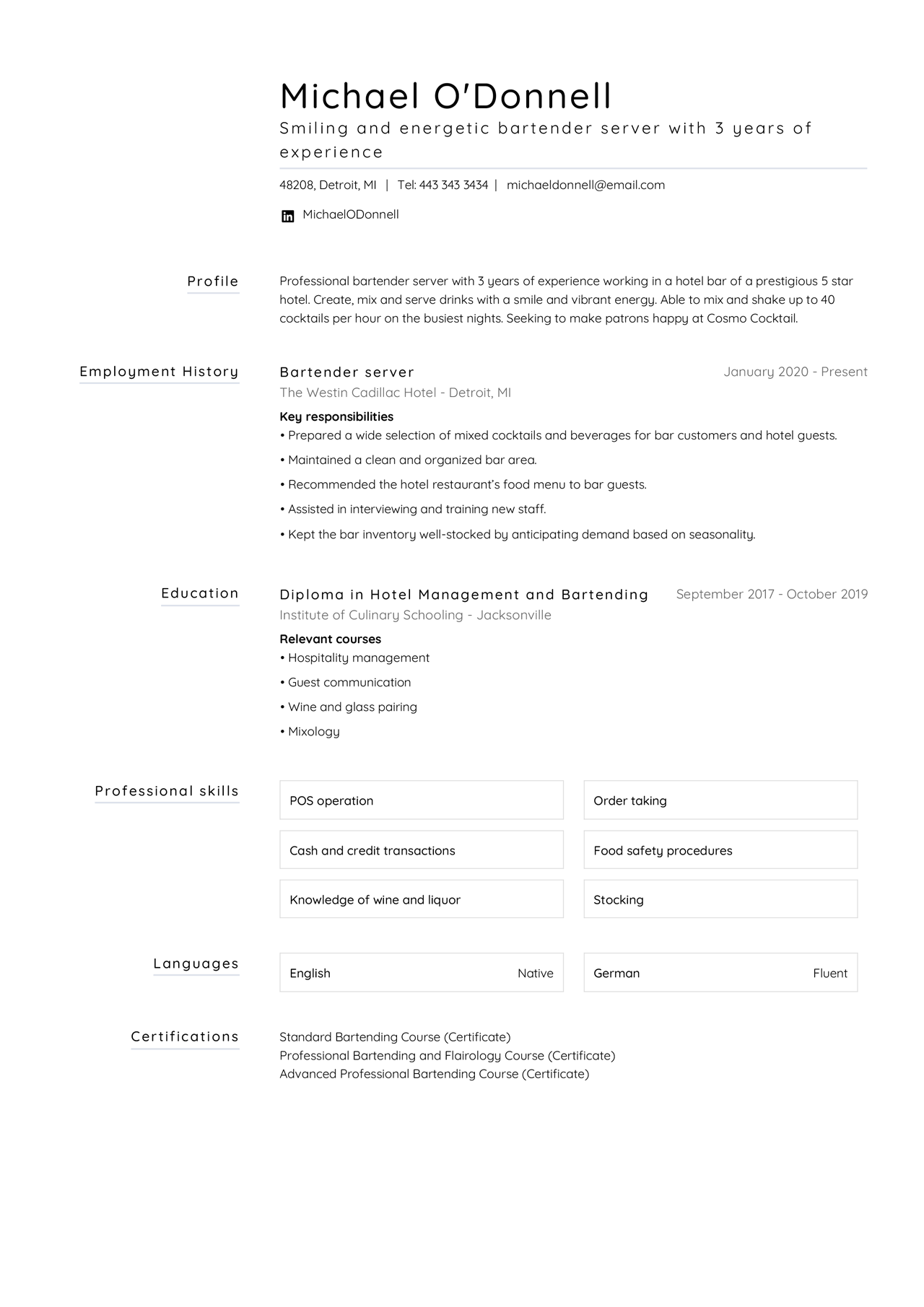 Bartender server resume example