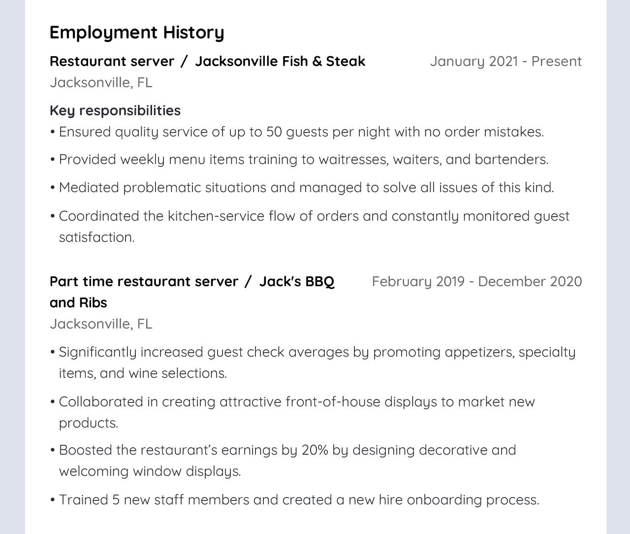 Image of how the employment history of a restaurant server looks like on a finished restaurant server resume