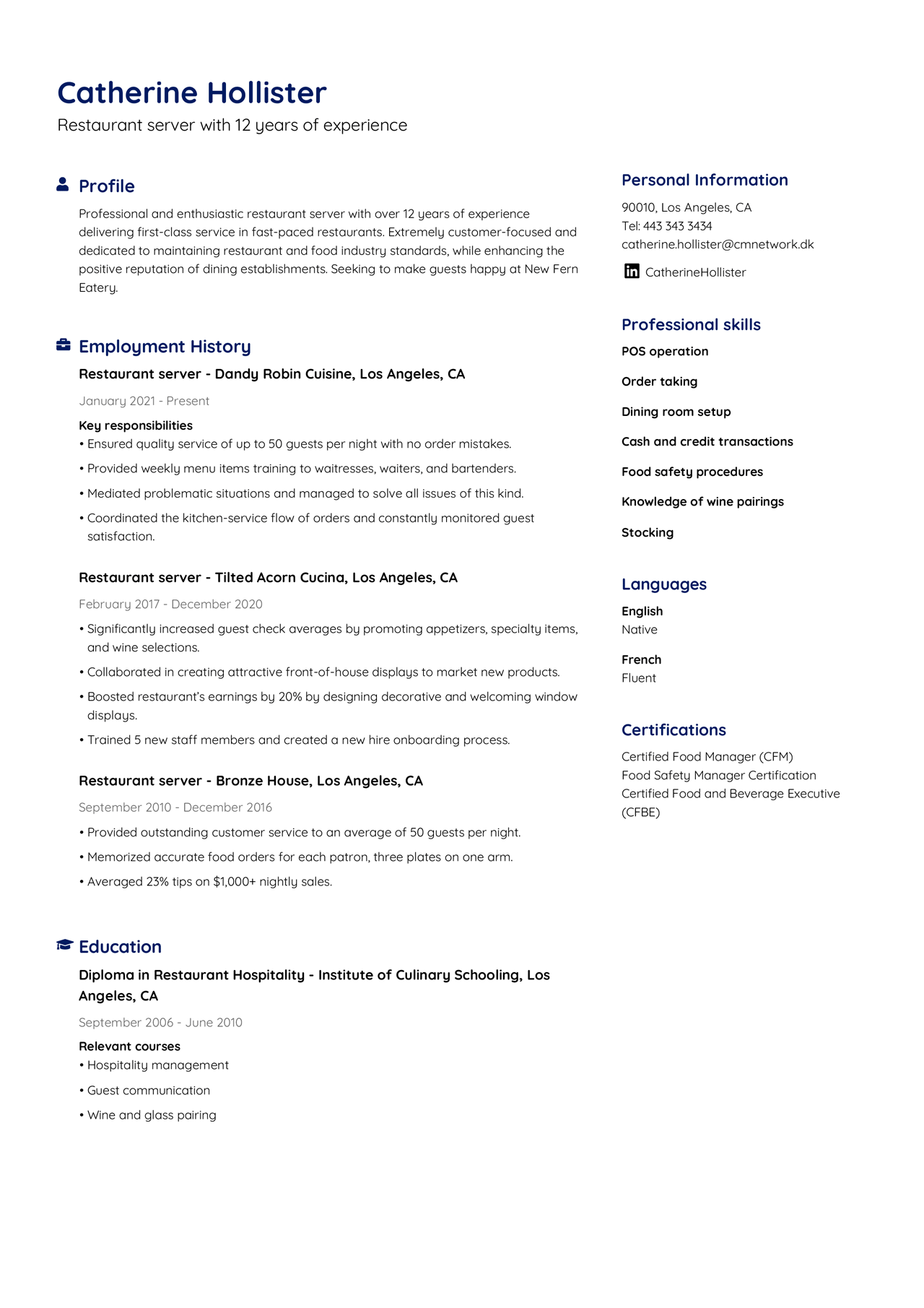 Experienced server resume example