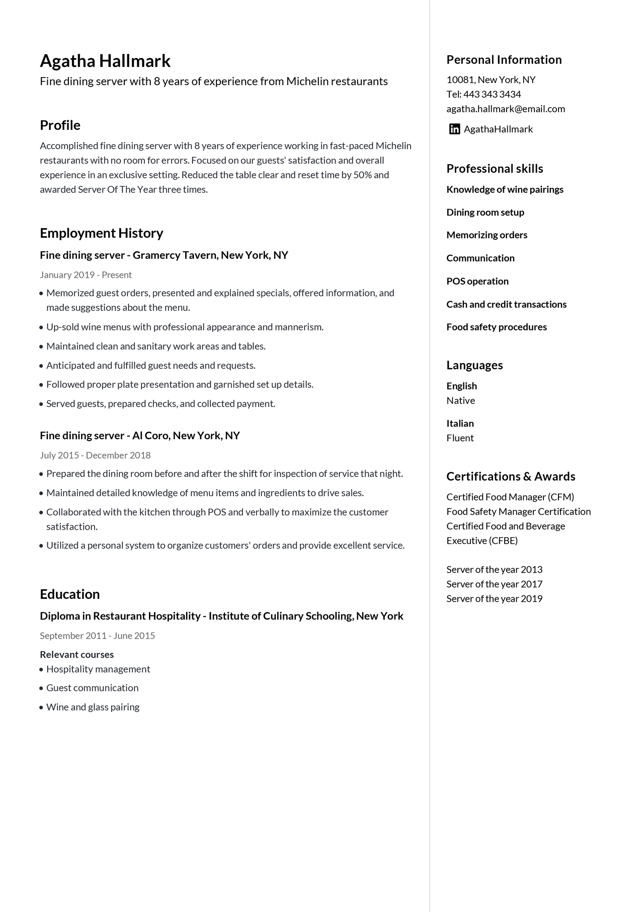 Fine dining resume example