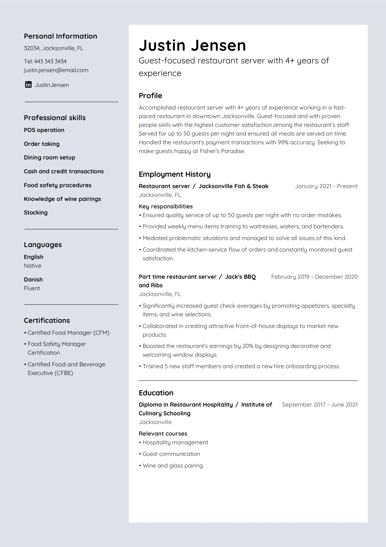 restaurant server experience resume examples