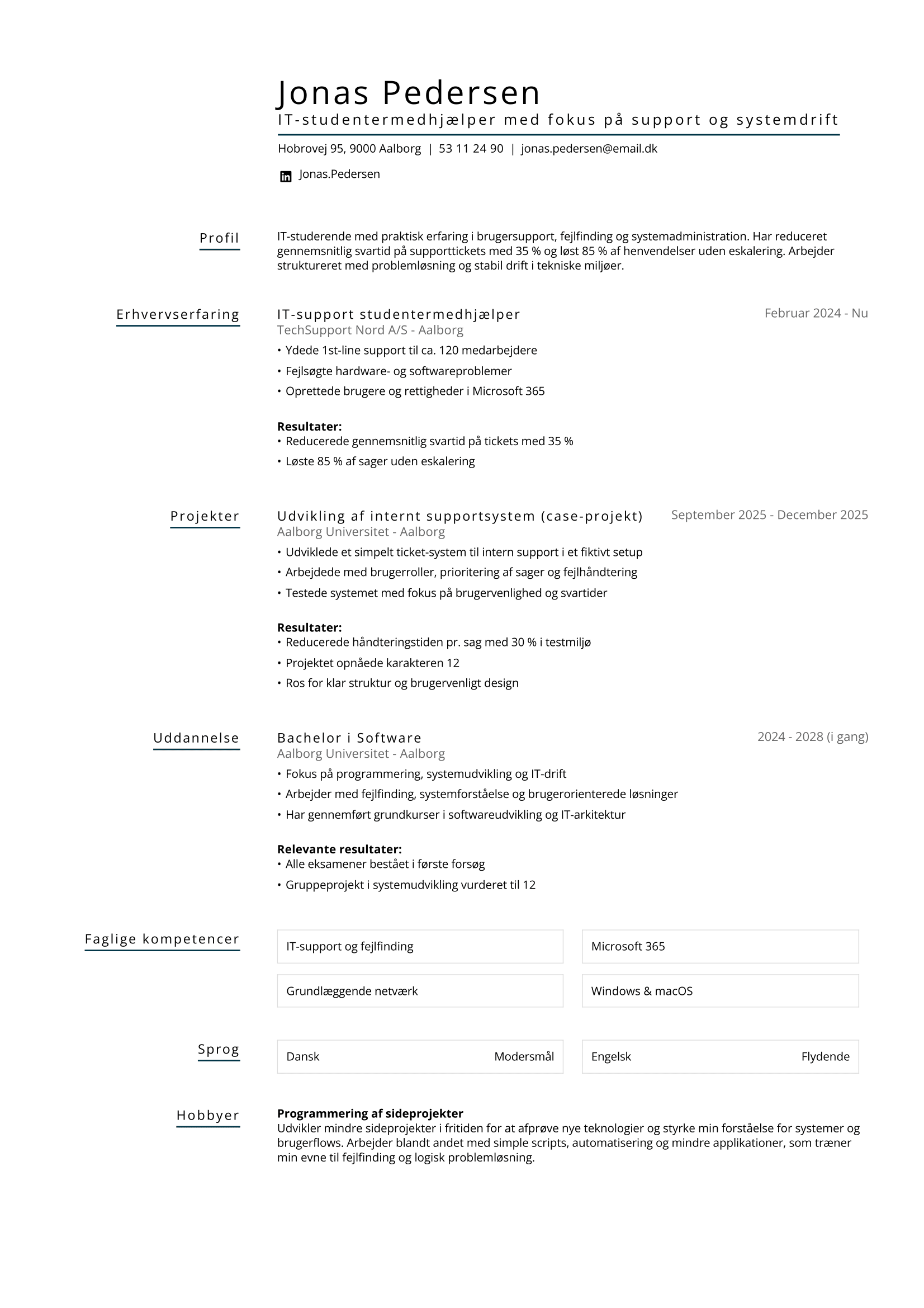 Eksempel på et studiejob CV indenfor IT support lavet med Jofibos CV bygger
