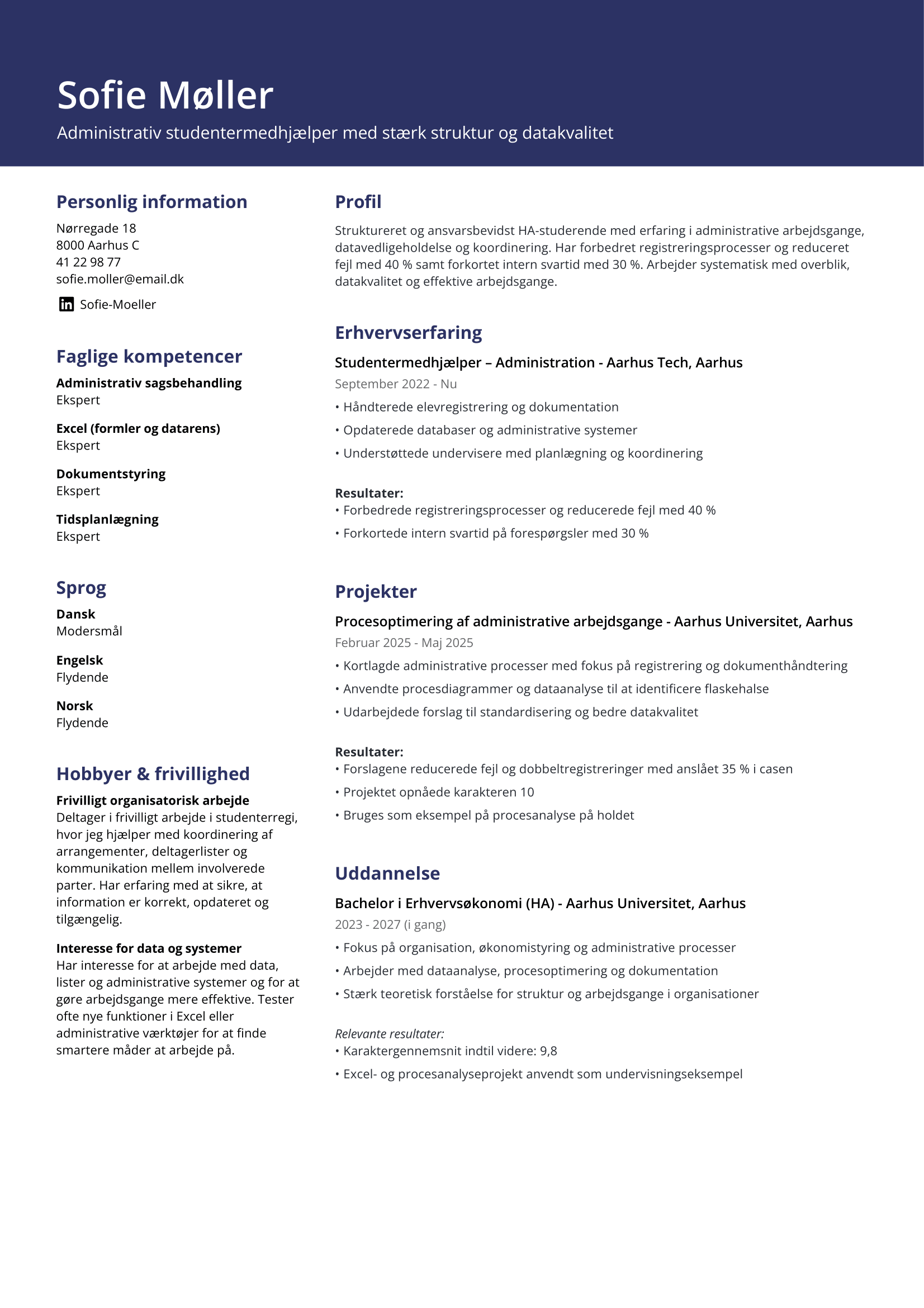 Eksempel på et studiejob CV indenfor adninistration lavet med Jofibos CV bygger