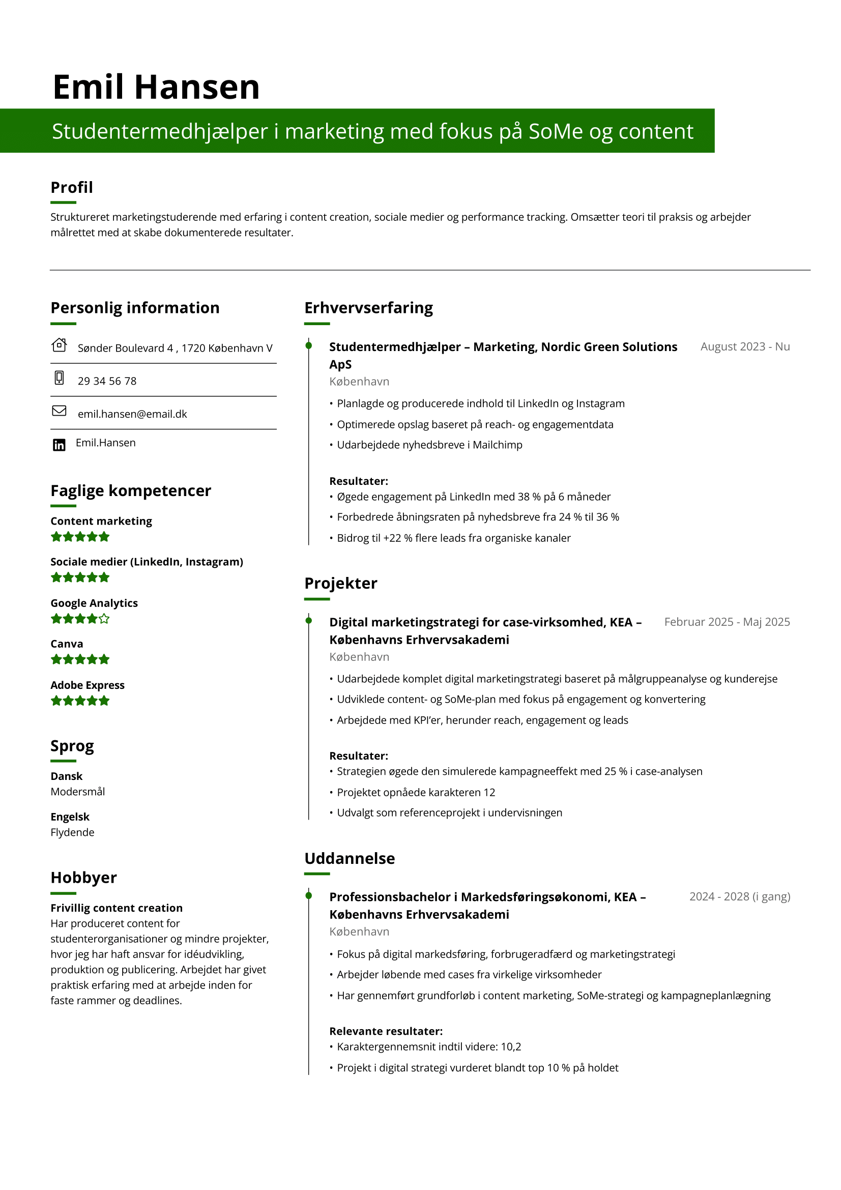 Eksempel på et studiejob CV indenfor marketing lavet med Jofibos CV bygger