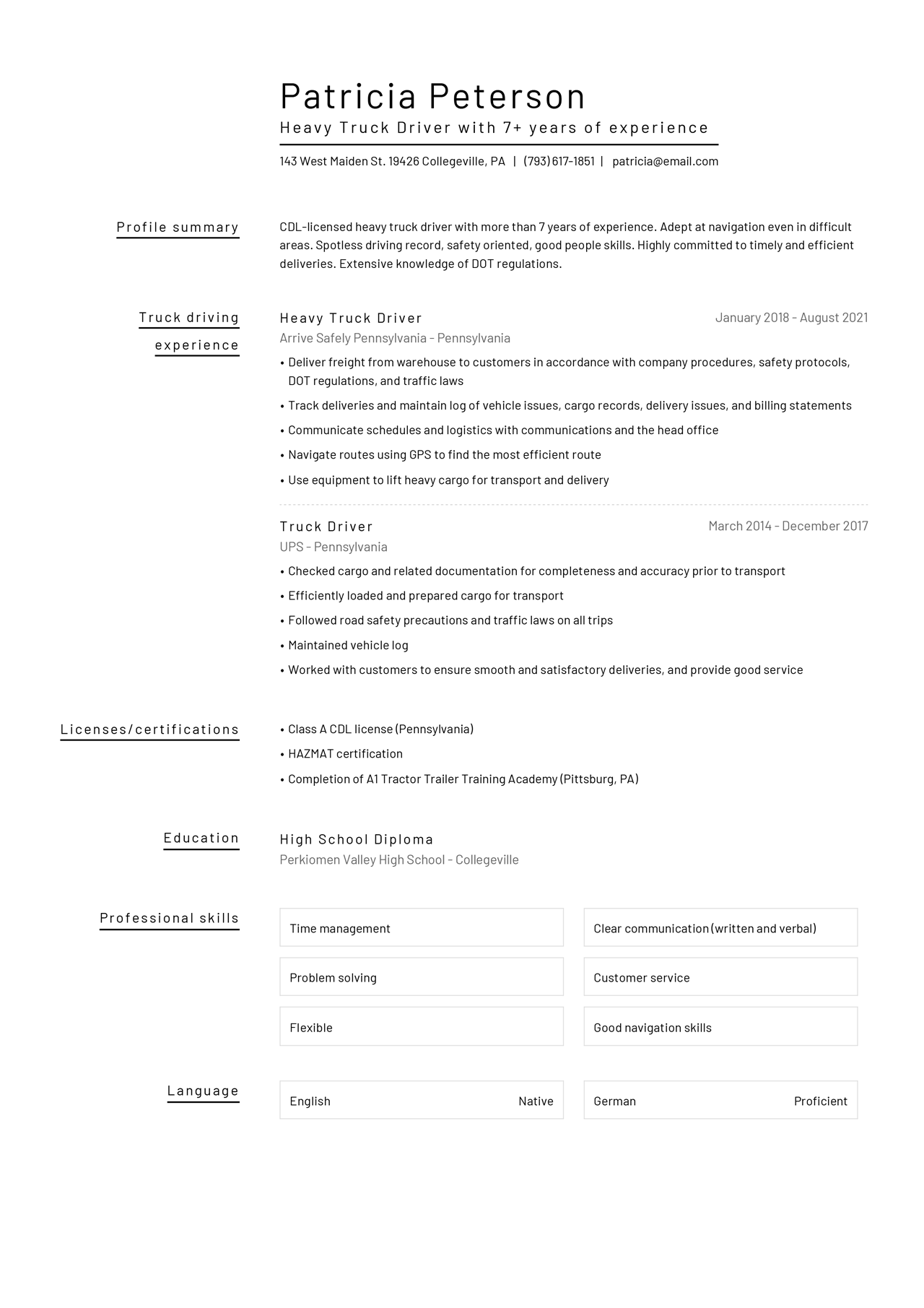 Truck driver resume example for a truck driver with more than 7 years of experience