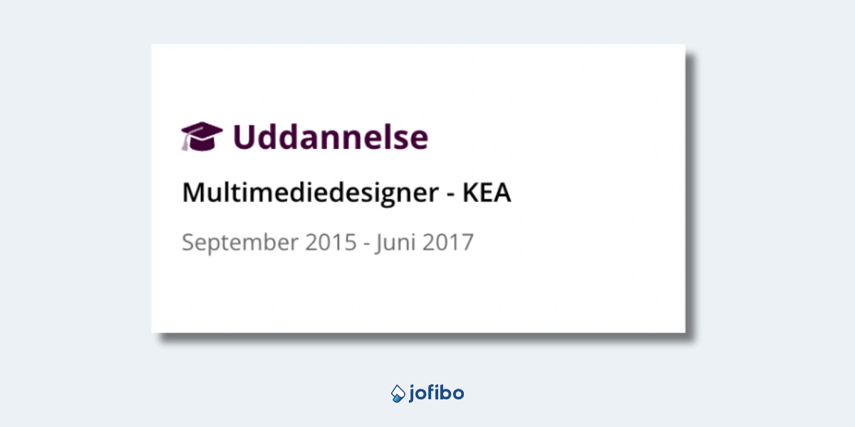 Eksempel på en færdig uddannelsessektion i et Jofibo freelance CV